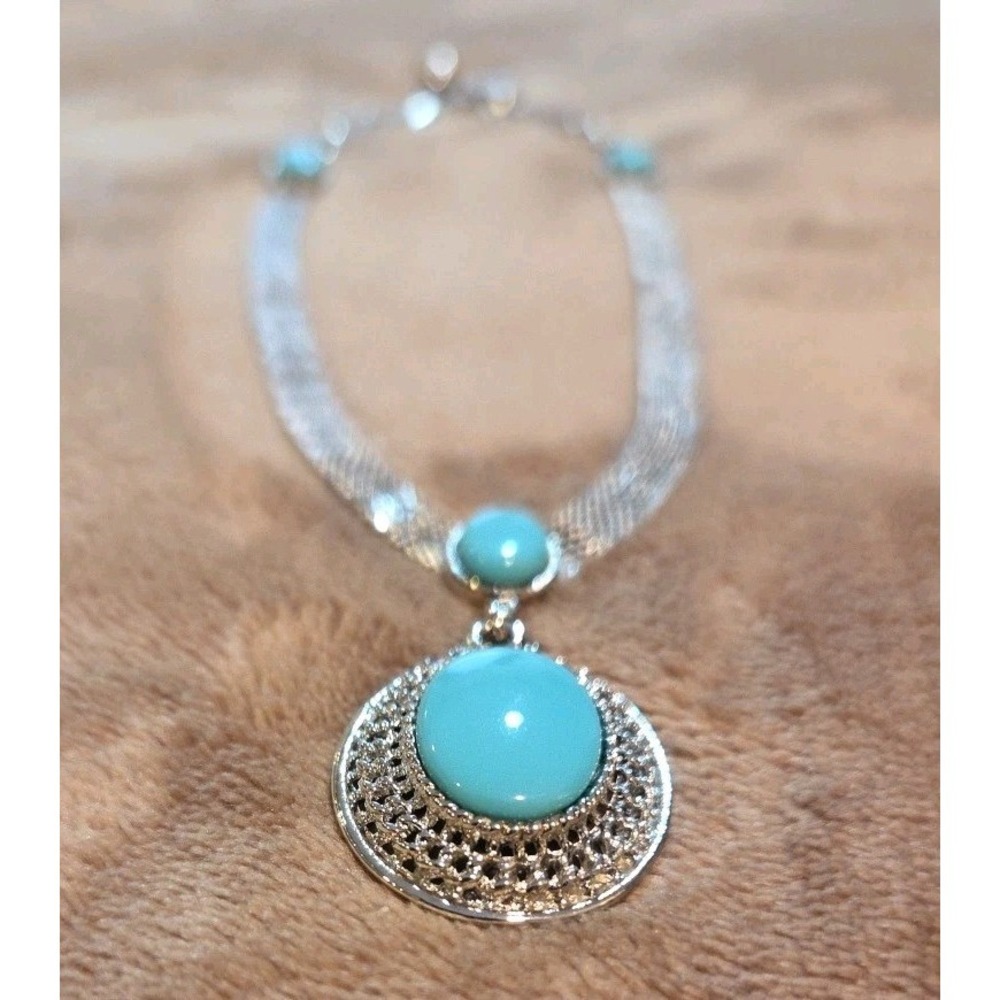 Park Lane Turquoise Statement Necklace Silver Tone Mesh Chain Drop Pendant - Picture 6 of 7
